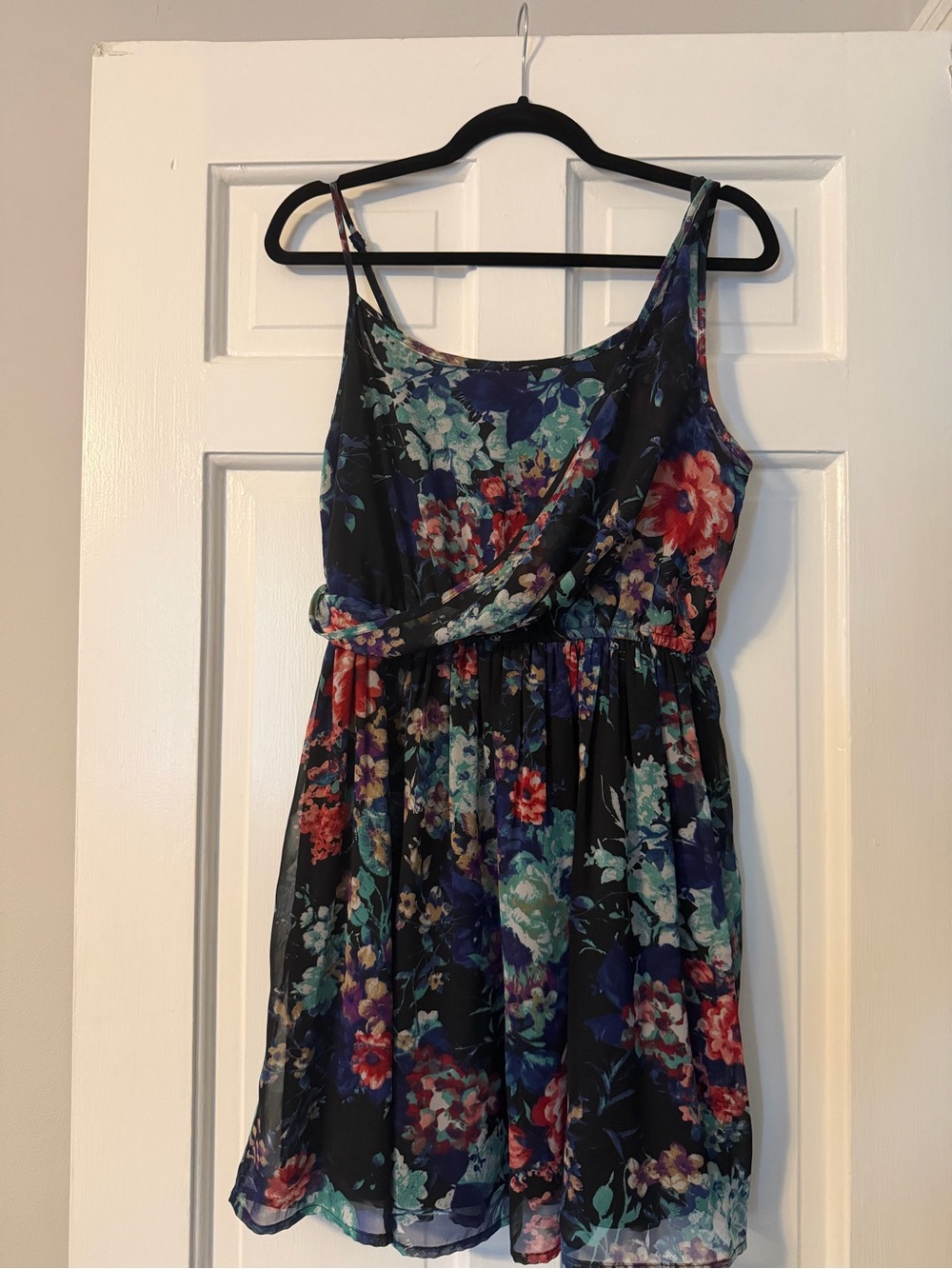 Band of Gypsies Black Floral Spaghetti-Strap Mini Dress